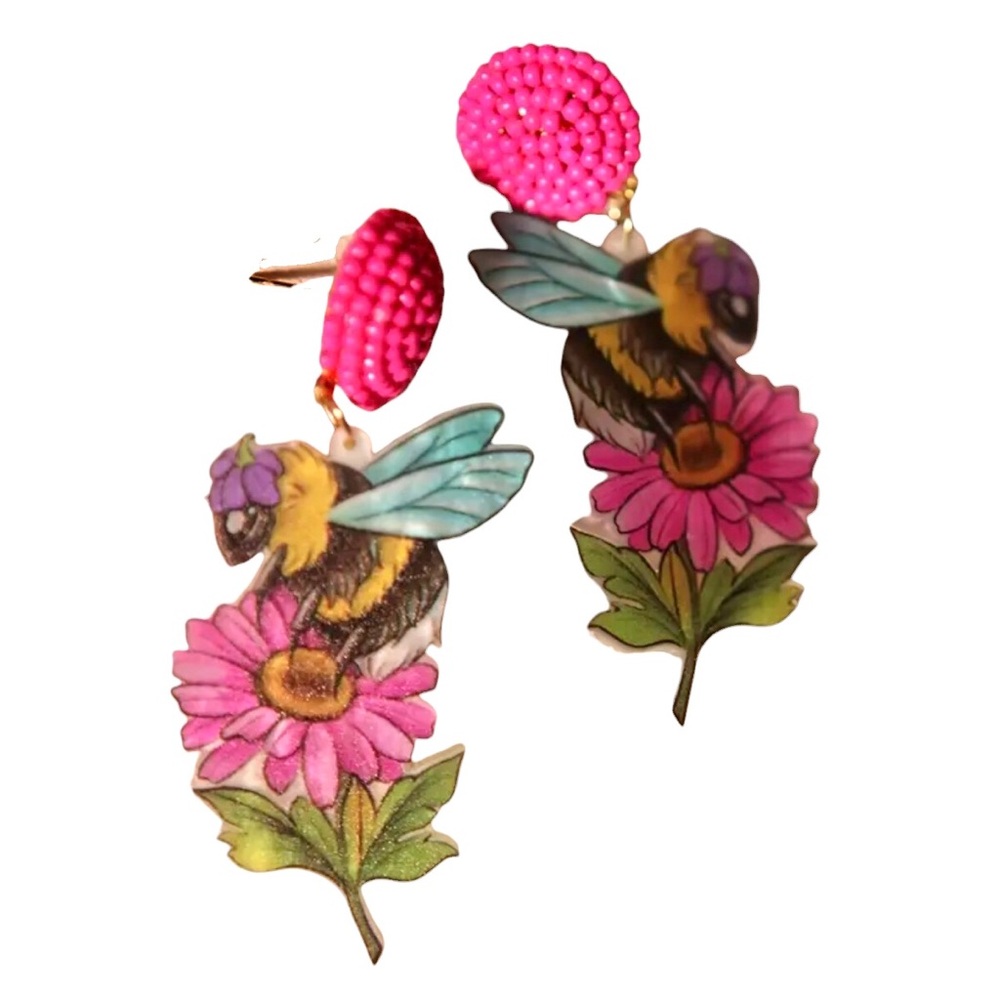 Floral Bee Beaded 2D Acrylic Dangle Earrings